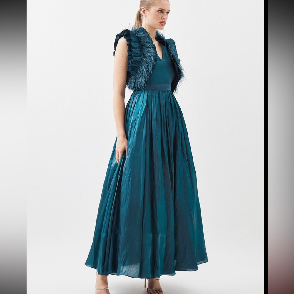 Karen Millen Teal Metallic Feather Ruffle Woven Maxi Dress